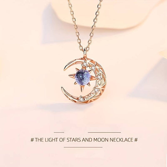 Moon Star Pendant Necklace Inlaid Shiny Moonstone Dainty Clavicle Chain For Women