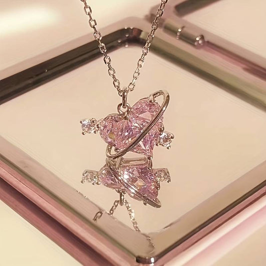 Pink Love Planet Pendant Necklace Y2K Zircon Decor Pendant Necklace Jewelry Gift